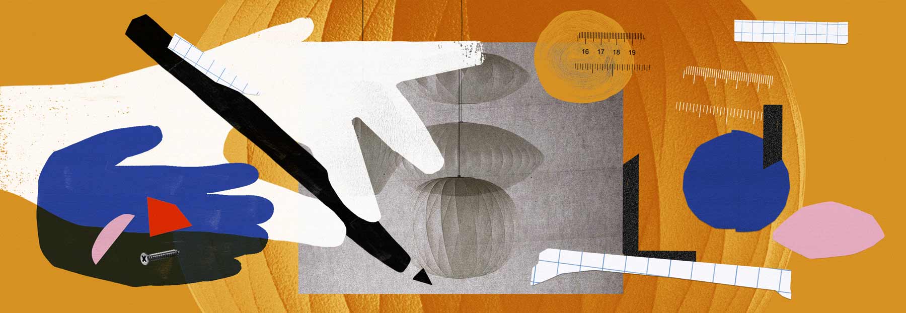 Grafische Collage im Stil einer Abbildung mit Designwerkzeugen für die Herman Miller Nelson Bubble-Lampen