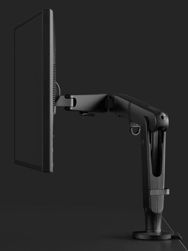 Seitenansicht eines schwarzen Ollin Gaming-Monitorarms von Herman Miller.