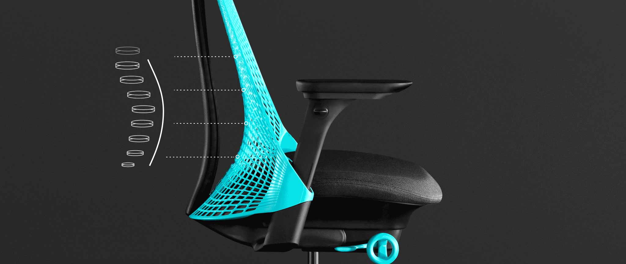 Seitenansicht eines blau-schwarzen Sayl-Gaming-Stuhls von Herman Miller, überlagert mit weißen Grafiken, die die Rückenlehne hervorheben.