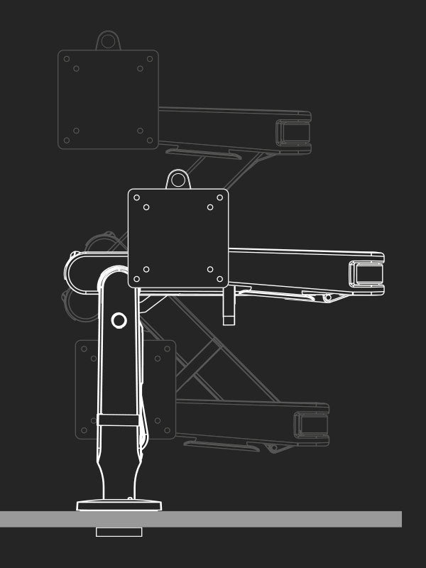 Strichzeichnung eines Ollin-Gaming-Monitorarms von Herman Miller, die die verschiedenen Positionen zeigt.