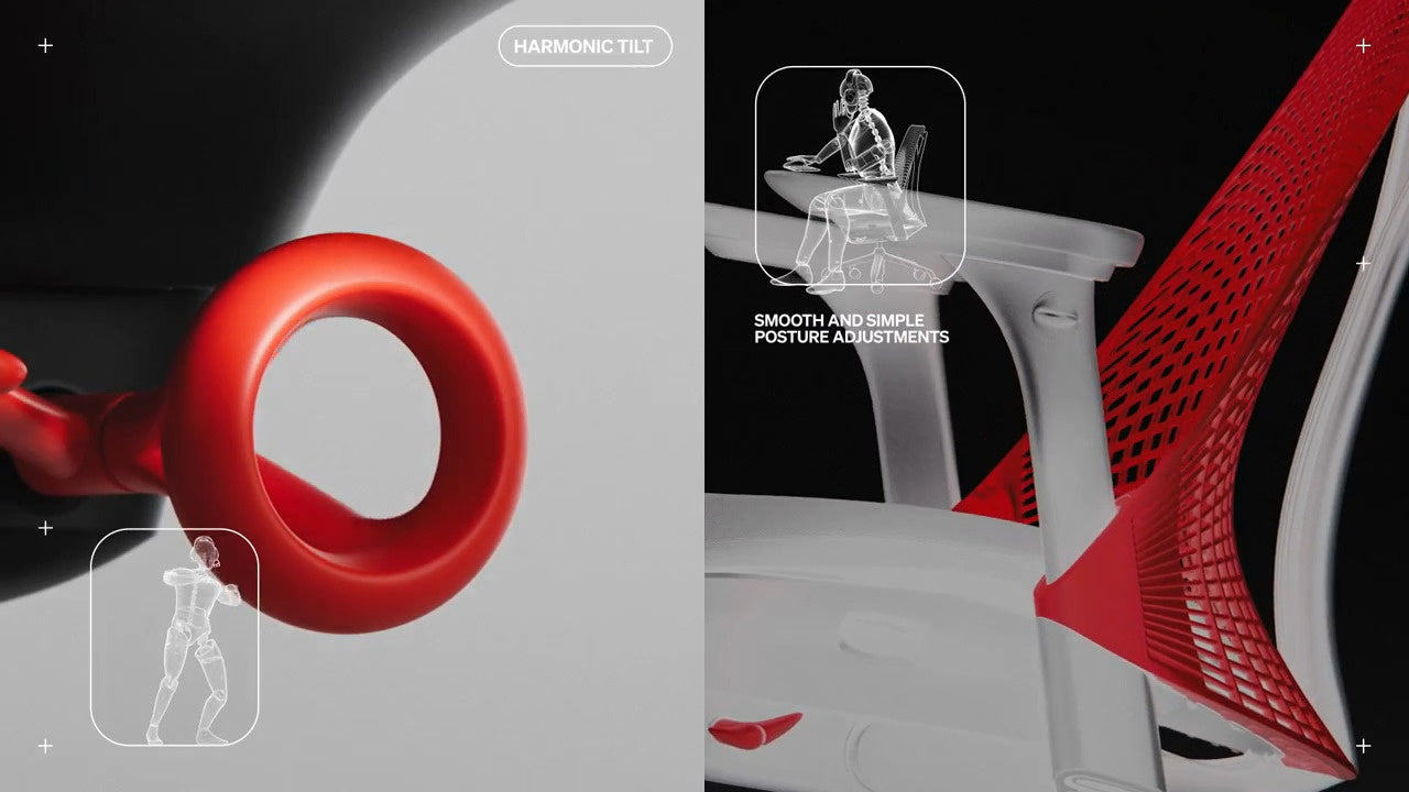Geteilte Abbildung, auf der eine Seite eine Nahaufnahme des harmonischen Neigungsmechanismus des Sayl-Gaming-Stuhls zeigt, während die andere Seite den nach hinten geneigten Stuhl mit den Aufschriften „Harmonic tilt 2” (Harmonische Neigung 2) und „Smooth and simple posture adjustments” (Reibungslose und einfache Einstellung der Sitzposition) zeigt
