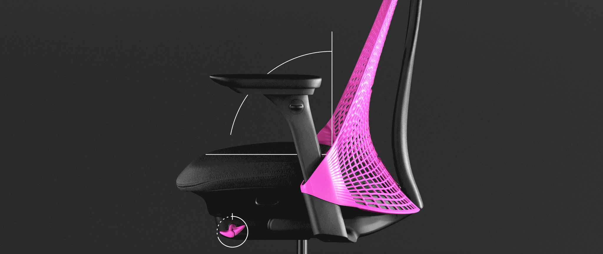 Seitenansicht eines pinkfarbenen und schwarzen Sayl-Gaming-Stuhls von Herman Miller, überlagert mit weißen Grafiken, die den vorderen Sitzwinkel hervorheben.