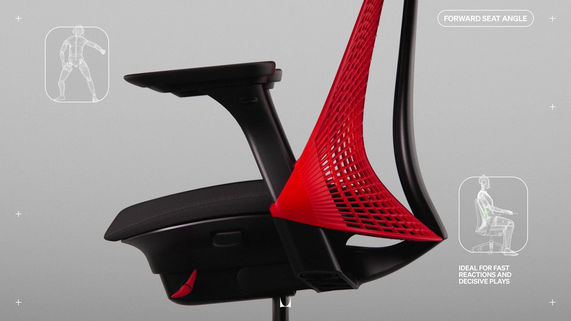 Seitenansicht des Sayl-Gaming-Stuhls mit allen Einstellmechanismen, versehen mit kleinen Strichzeichnungen und den Aufschriften „Forward seat Angle” (Sitzneigung nach vorne) und „Ideal fast reaction and decisive plays” (Ideale schnelle Reaktionsfähigkeit und entschlossenes Spiel)