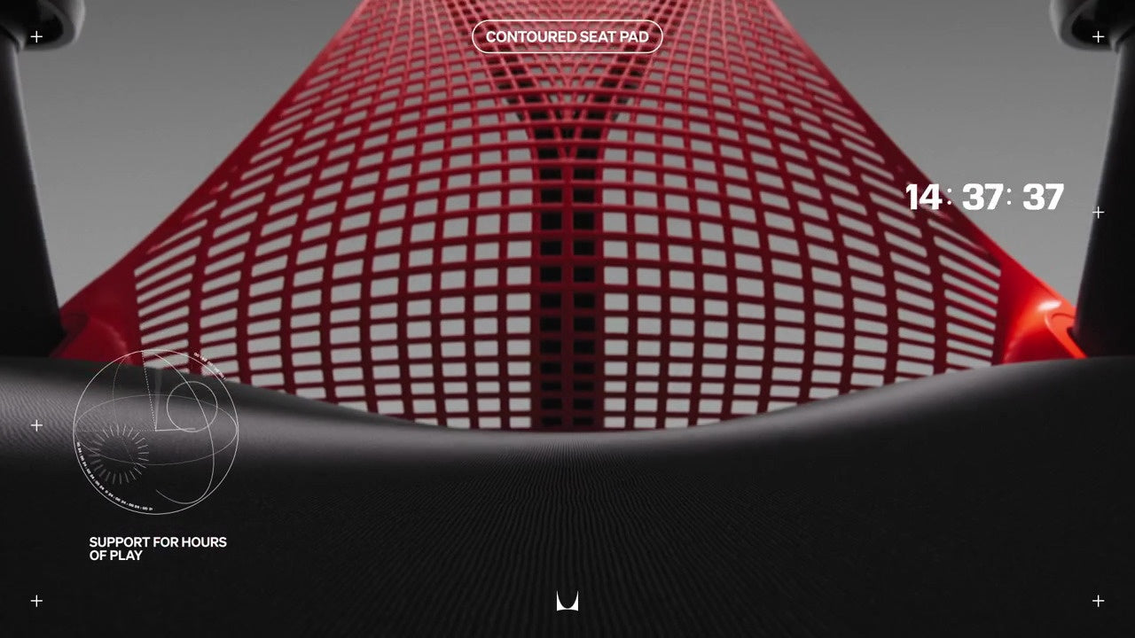 Nahaufnahme der konturierten Sitzpolster des Sayl Gaming-Stuhls mit den Beschriftungen „Contoured Seat Pad” (Konturierte Sitzpolster) und „Support for hours of play” (Unterstützung für stundenlanges Spielen)