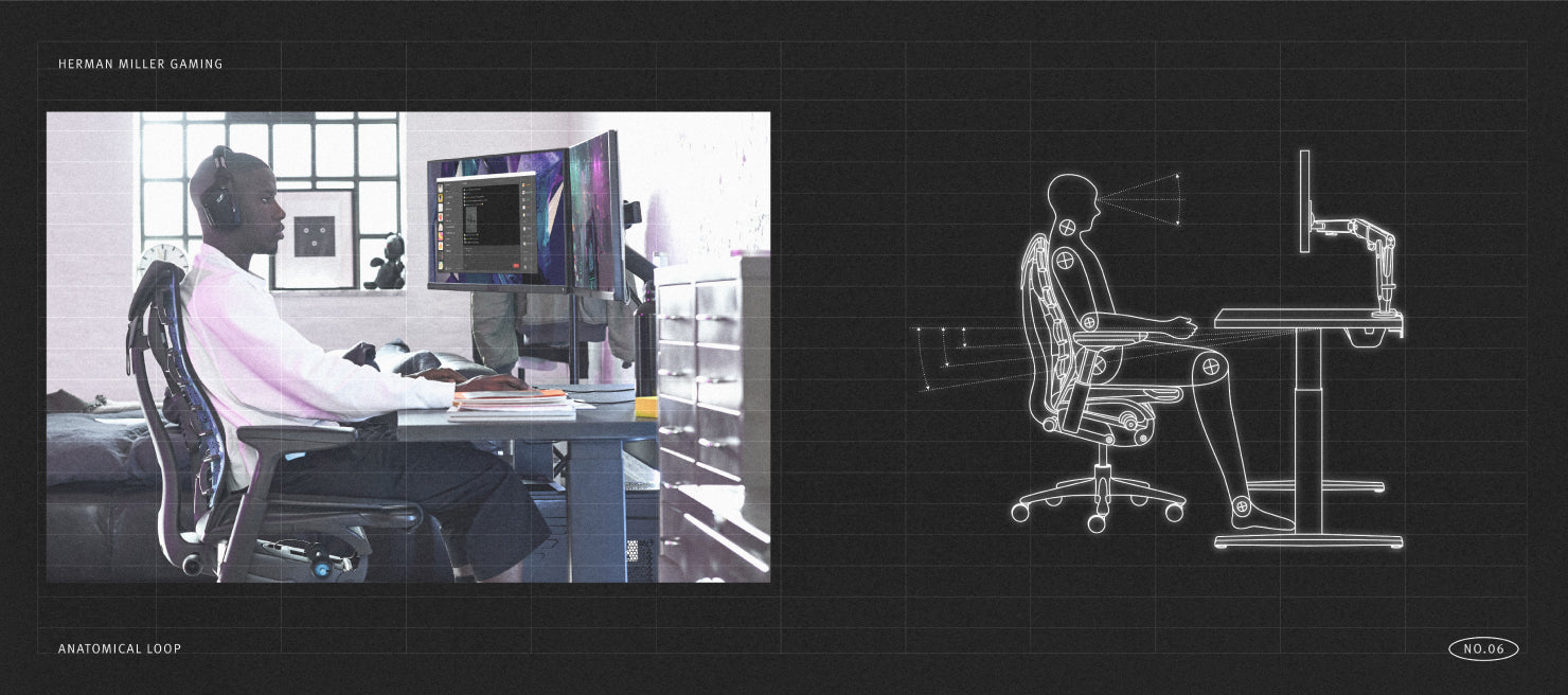 Foto einer Person in optimaler Position beim Gaming neben mechanischer Darstellung einer Person in korrekter optimaler Position