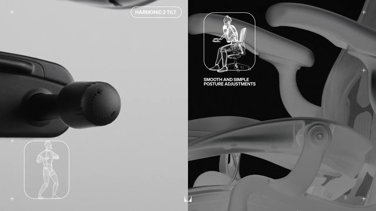 Nahaufnahme des Kippmechanismus des Aeron-Stuhls neben einer röntgenartigen Abbildung des nach hinten gekippten Stuhls mit den Beschriftungen „Harmonic tilt 2” (Harmonische Neigung 2) und „Smooth and simple posture adjustments” (Reibungslose und einfache Einstellung der Sitzposition)