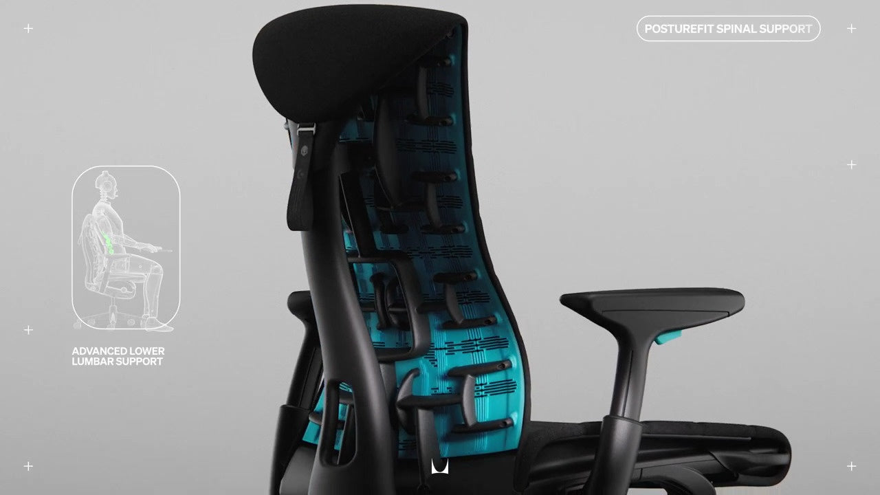 Seitenansicht des Logitech Embody Gaming-Stuhls in Schwarz und Cyan, überlagert mit einer kleinen Strichzeichnung des Stuhls mit Umriss einer sitzenden Person und den Worten „Advanced Lower Lumbar Support”