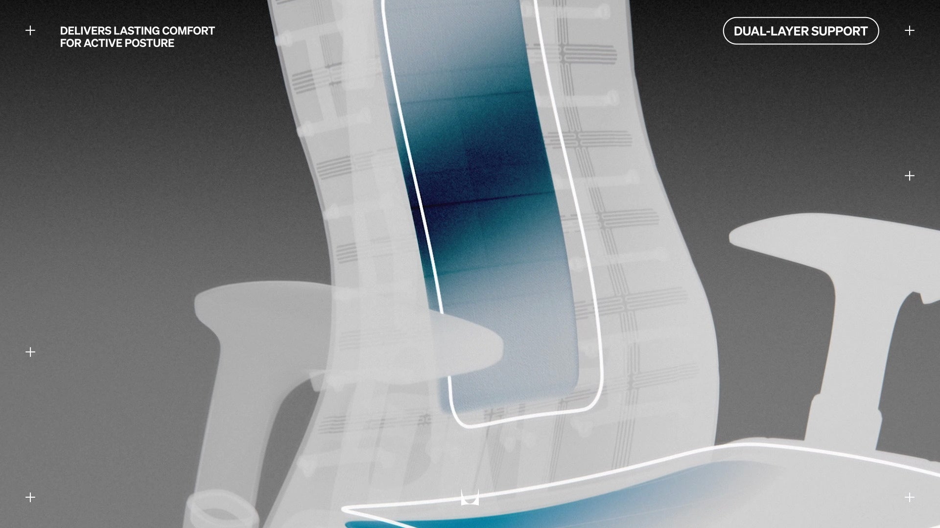 Coole Wärmebildaufnahme der Vorderansicht des Gaming-Stuhls Embody, überlagert mit einer Strichzeichnung um den mittleren Bereich der Rückenlehne und der Sitzfläche, mit dem Schriftzug „Dual Layer Support” oben