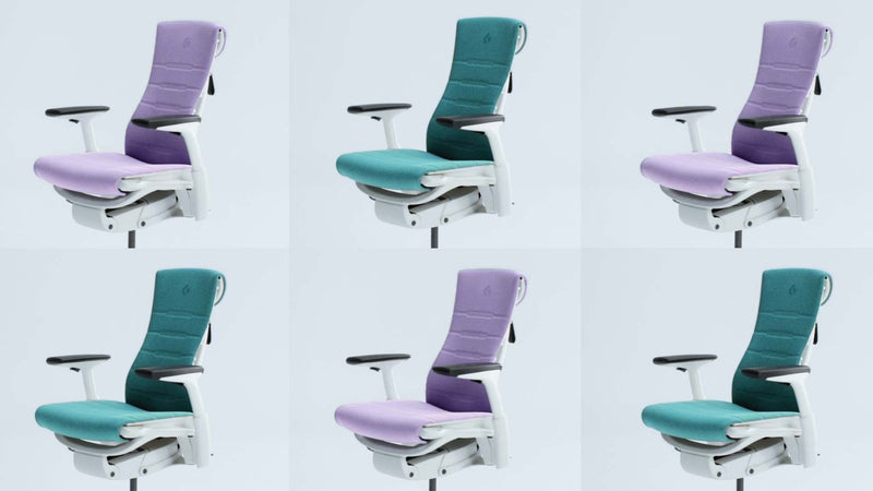 Ein spielerisches und fesselndes Video, das den Herman Miller Embody Gaming-Stuhl in Weiß, Blau und Lila zeigt.