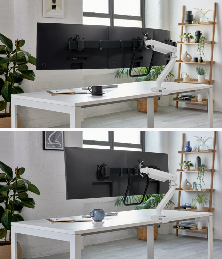 Eine Collage aus zwei Bildern mit weißen Flo X-Monitorarmen von CBS, eines mit zwei Bildschirmen und eines mit drei Bildschirmen. In einem Heimbüro mit weißen Backsteinwänden, Holzregalen und Zimmerpflanzen.