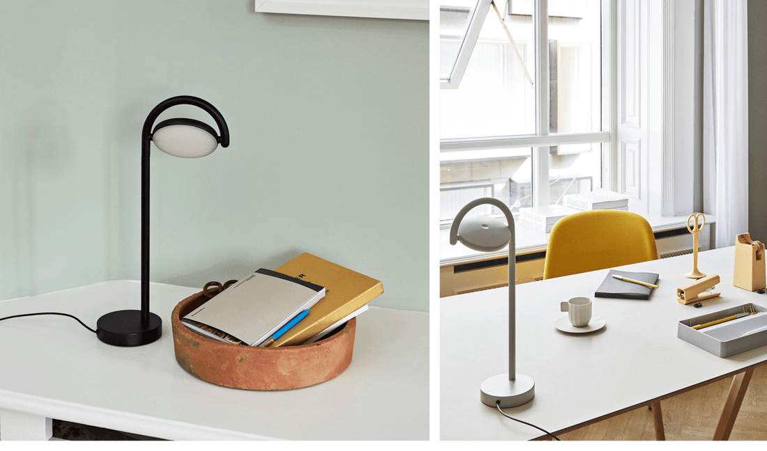Zwei Bilder mit HAY Marselis Schreibtischlampen in Schwarz und Weiß als Teil eines Home-Offices.