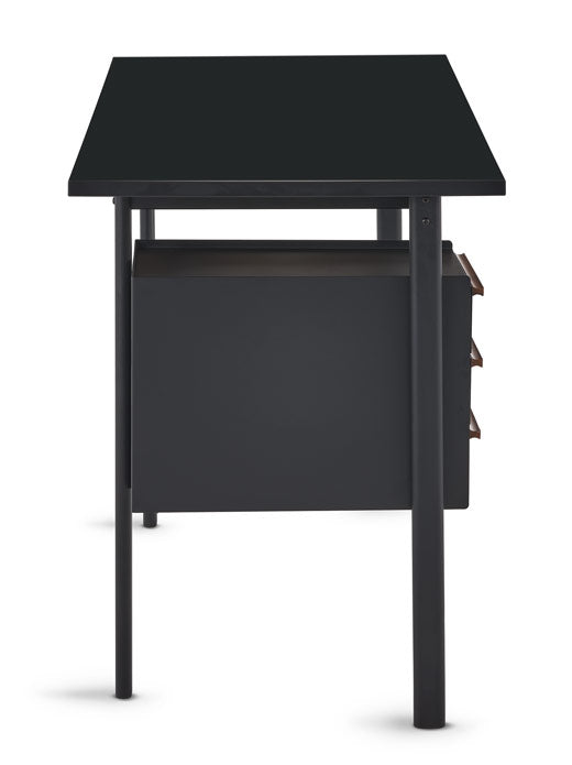 Seitenansicht eines schwarzen Mode-Schreibtisches von Herman Miller, der das kompakte und schlanke Design zeigt.