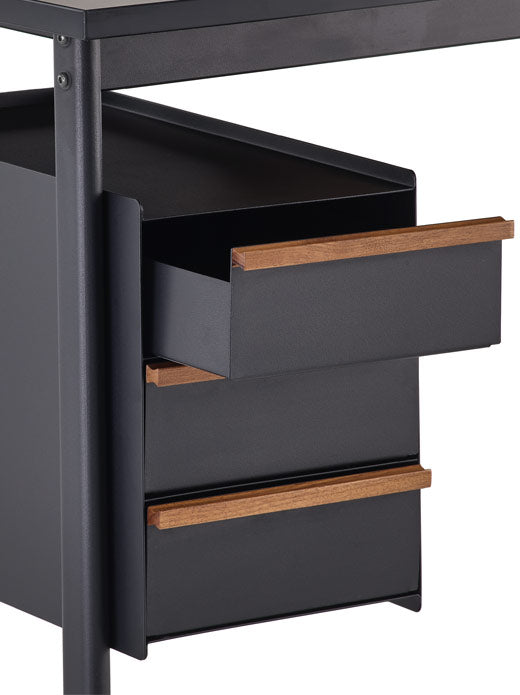 Vorderansicht eines schwarzen Mode-Schreibtisches von Herman Miller mit den optionalen Schubladenschränken für die Aufbewahrung im Home Office.