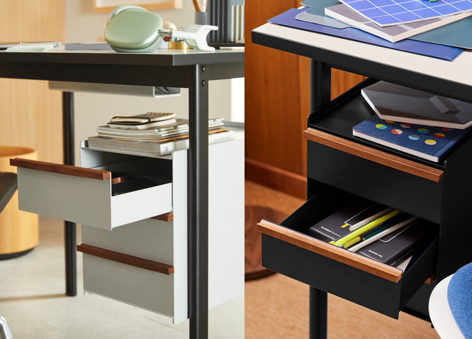 Eine Collage aus zwei Bildern, die die optionalen Schubladen eines Mode-Schreibtisches von Herman Miller zeigen.