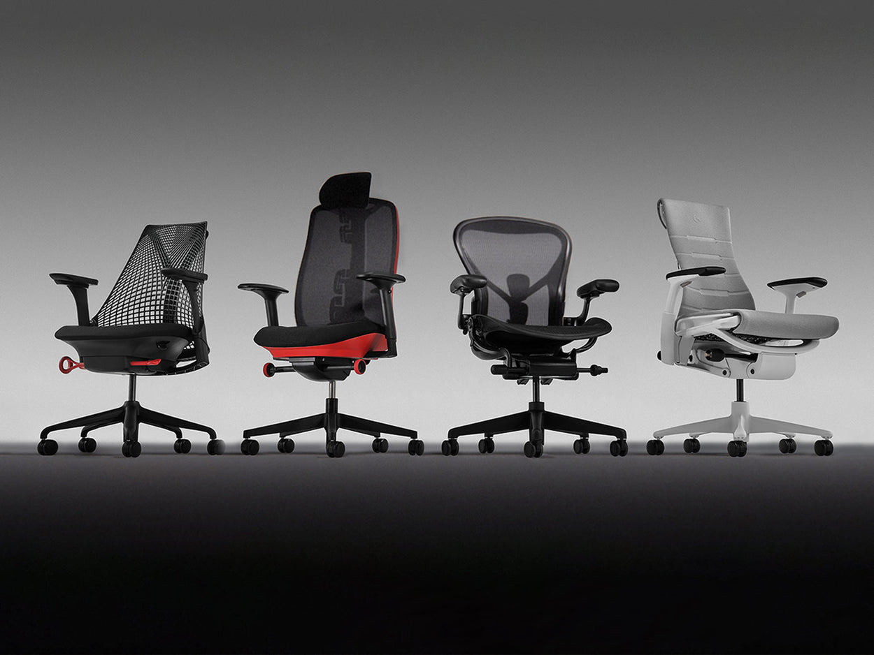 Eine 4x3-Anordnung der ergonomischen Gaming-Stühle von Herman Miller. Zu sehen sind: Sayl, Vantum, Aeron und Embody Gaming.