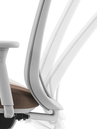Seitenansicht eines Lino-Bürostuhls von Herman Miller, die den Bewegungsspielraum beim Kippen des Stuhls nach hinten zeigt.