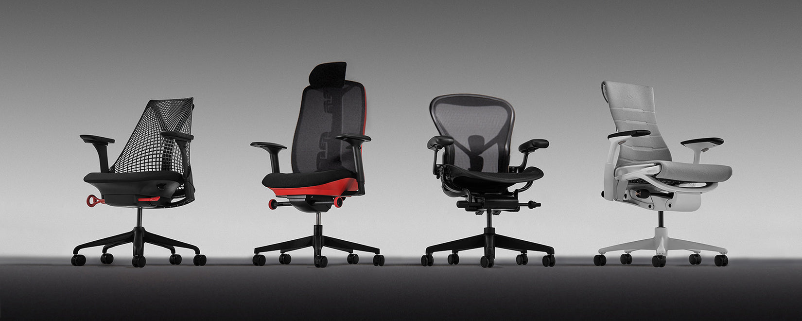 Eine Auswahl der leistungsstarken, ergonomischen Gaming-Stühle von Herman Miller. Zu sehen sind: Sayl, Vantum, Aeron und Embody Gaming.