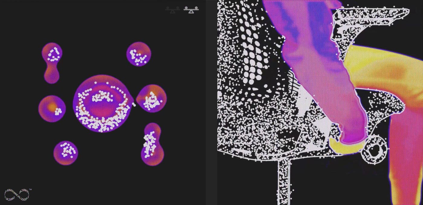 Graphical image of blobs in molecular style, annotated with 'Regain Stability' and 'Stay engaged and reactive with height adjustable seats that maintain winning position'. Thermal imaging style picture of back of gaming chair being adjusted