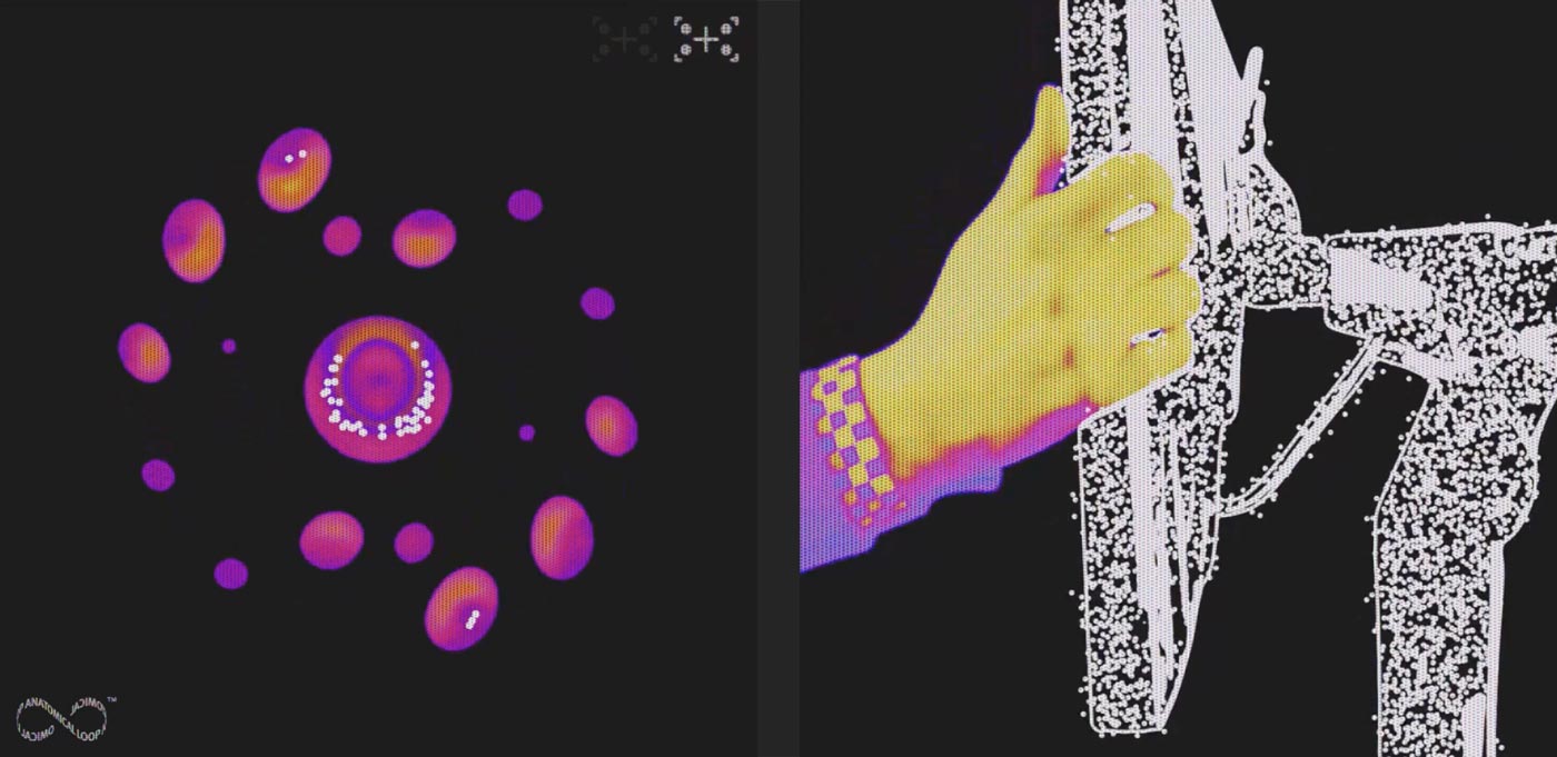 Grafische Darstellung von Blobs im Molekülstil mit den Kommentaren „Konzentration finden“ und „Spielen Sie aus Ihrer besten Position mit einem Monitorarm, der zu Ihrer Konzentration passt“. Wärmebildaufnahme der Position eines Ollin-Gaming-Monitorarms während der Einstellung