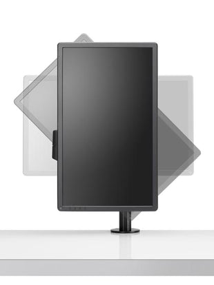 Vorderansicht eines schwarzen Lima-Monitorarms von CBS, der wahlweise im Hoch- oder Querformat ausgerichtet werden kann.