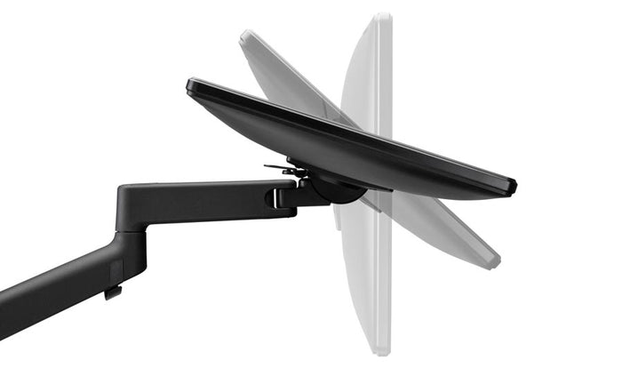 Seitenansicht eines schwarzen Lima-Monitorarms von CBS, der sich nach vorne und hinten neigen lässt.