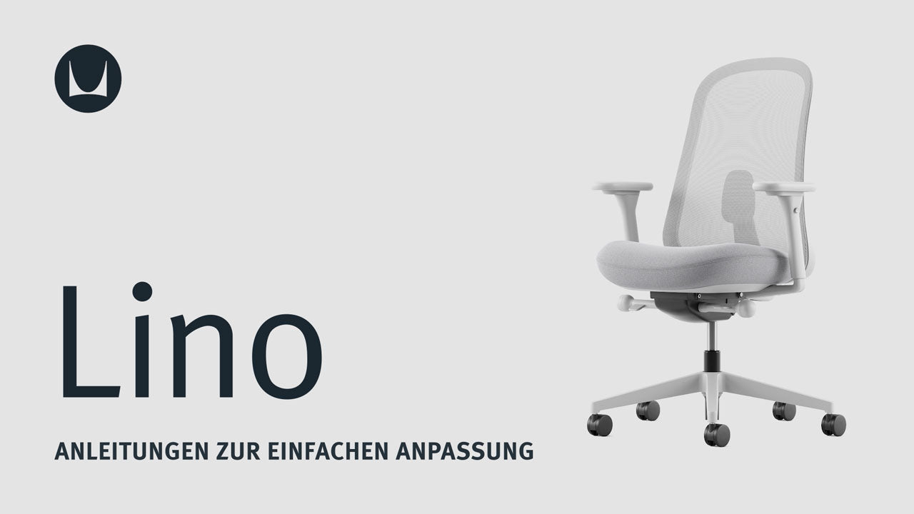 Ein Video, das die technischen Einstellmöglichkeiten eines Herman Miller Lino-Bürostuhls zeigt, einschließlich Sitzhöhe, Sitztiefe, Neigungsspannung, Neigungsbegrenzer, Einstellung der Rückenlehne und Armlehneneinstellung.