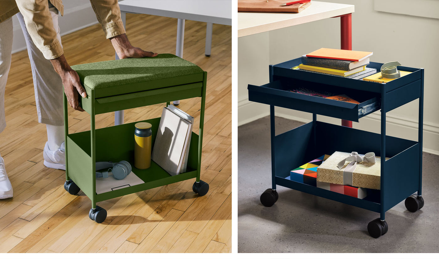An AbakEnvironments Desk with a walnut top and polished legs, with a graphite Aeron Chair in a light home office setting and Folk Ladder Shelving.