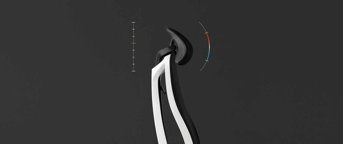 Seitenansicht eines weiß-schwarzen Vantum-Gaming-Stuhls von Herman Miller, überlagert mit einer weißen Grafik, die die verstellbare Kopfstütze hervorhebt.