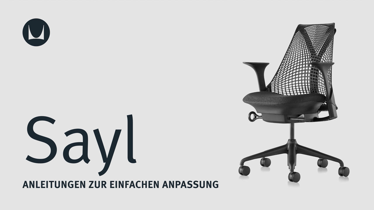 Ein Video, das die technischen Einstellmöglichkeiten eines Herman Miller Sayl Bürostuhls zeigt, einschließlich Sitzhöhe, Sitztiefe, Neigungsspannung, Neigungsbegrenzer, Einstellung der Rückenlehne und der Armlehnen.