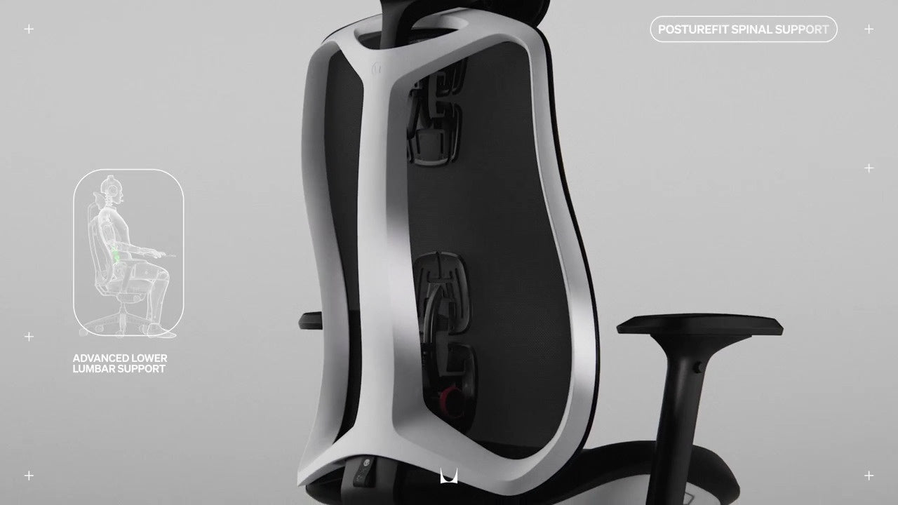 Rückansicht des Gaming-Stuhls Vantum mit kleiner Strichzeichnung einer auf dem Stuhl sitzenden Person und den Worten „Fortschrittliche Unterstützung der unteren Lendenwirbelsäule“ und „Posturefit-Wirbelsäulenstütze“