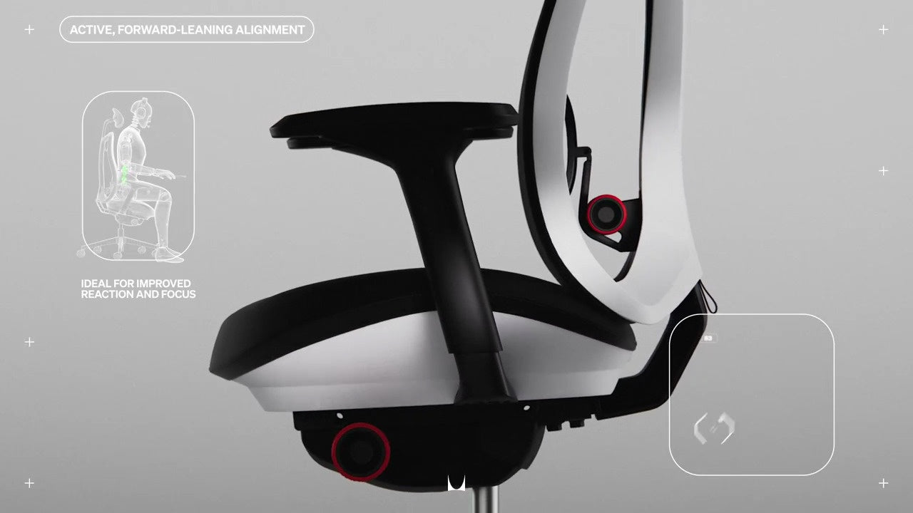 Seitenansicht des Gaming-Stuhls Vantum mit kleiner Strichzeichnung und den Worten „Ideal für verbesserte Reaktionsfähigkeit und Konzentration“ und „Aktive, nach vorne geneigte Ausrichtung“