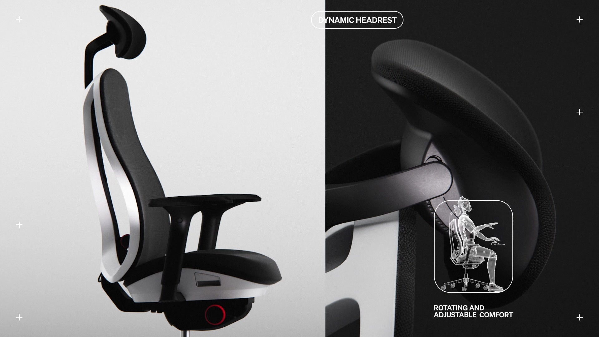 Seitenansicht des Vantum Gaming-Stuhls mit Kopfstütze und kleiner Strichzeichnung mit den Worten „Drehbar und verstellbarer Komfort” und „Dynamische Kopfstütze”