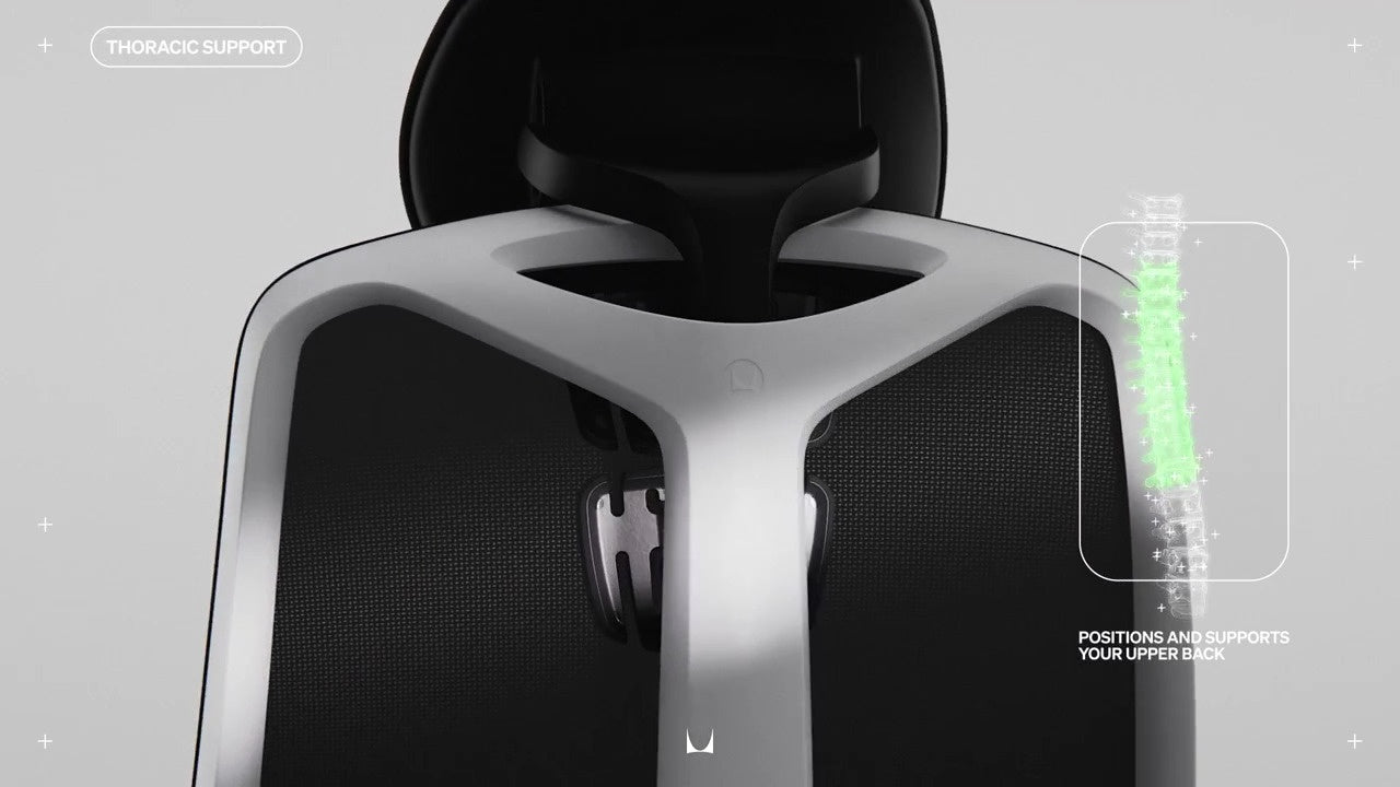 Seitenansicht des Vantum Gaming-Stuhls mit Kopfstütze und kleiner Strichzeichnung der Wirbelsäule mit den Worten „Positioniert und stützt Ihren oberen Rücken” und „Brustwirbelstütze”