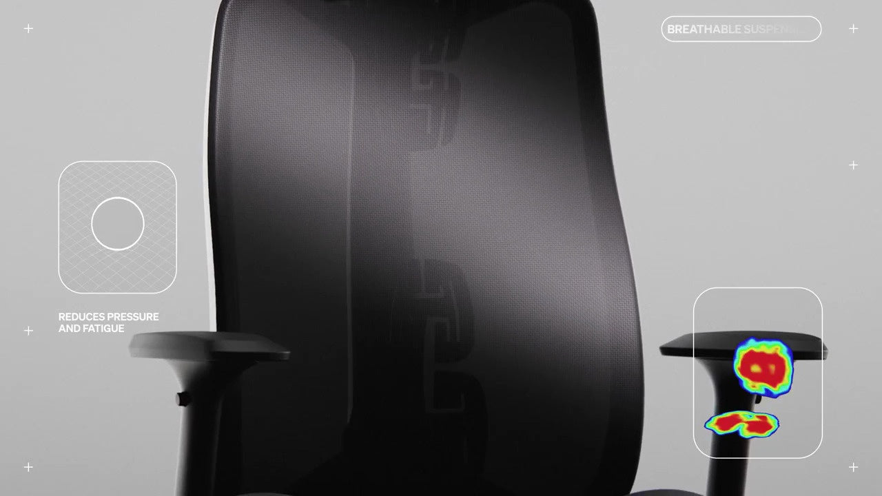 Vorderansicht der Rückenlehne des Gaming-Stuhls Vantum mit kleiner Strichzeichnung und den Worten „Reduziert Druck und Ermüdung“ und „Atmungsaktive Federung“