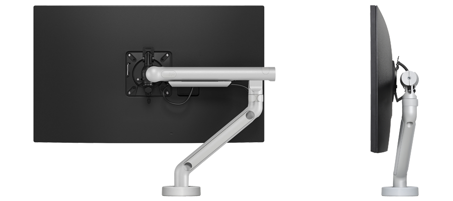 Rück- und Seitenansicht eines CBS Flo-Monitorarms mit montiertem Bildschirm.