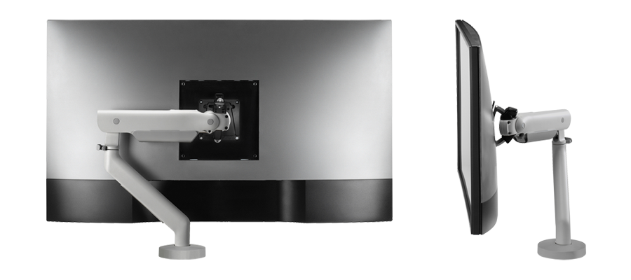 Rück- und Seitenansicht eines CBS Flo X-Monitorarms mit montiertem Bildschirm.