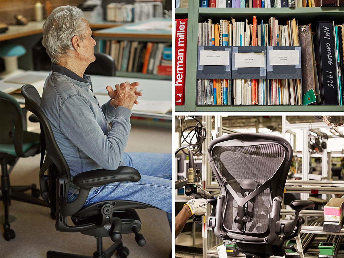Drei Fotos im Rasterformat, darunter ein Seitenprofil des Aeron-Designers Don Chadwick in einem Aeron-Bürostuhl, ein Regal mit Dokumenten zu Design und Ergonomie und schließlich ein Aeron in der Fertigung