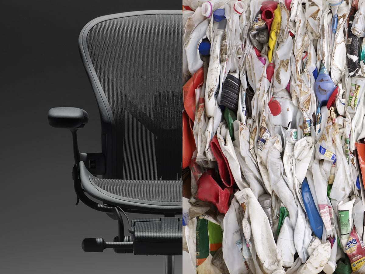 Zweigeteiltes Bild, auf der einen Seite der Aeron-Heimbürostuhl, auf der anderen Seite aus dem Meer geborgene Plastikteile, die zu Material für Herman Miller-Stühle recycelt werden