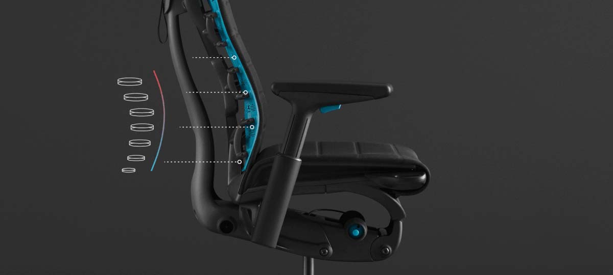 Seitenansicht eines schwarz-blauen Embody-Gaming-Stuhls von Herman Miller, überlagert mit weißen Grafiken, die die Rückenlehne hervorheben.