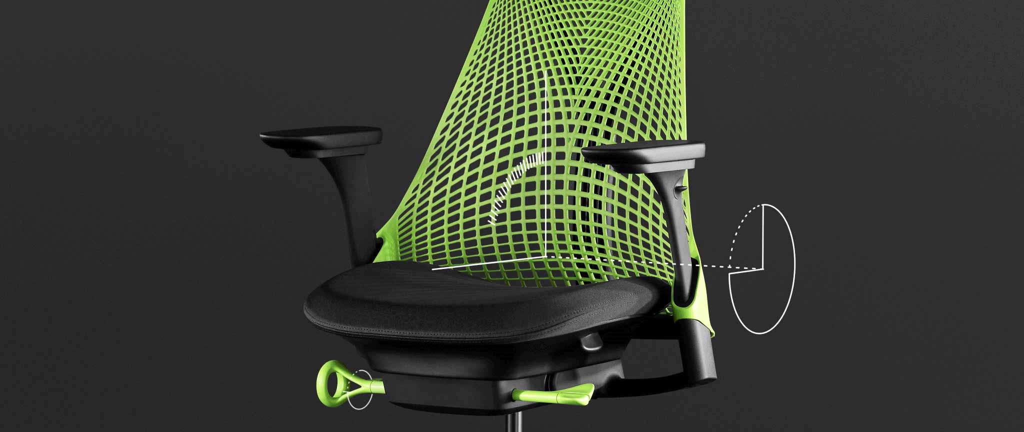 Vorderansicht eines grün-schwarzen Sayl-Gaming-Stuhls von Herman Miller, überlagert mit weißen Grafiken, die die Neigungsfunktion hervorheben.