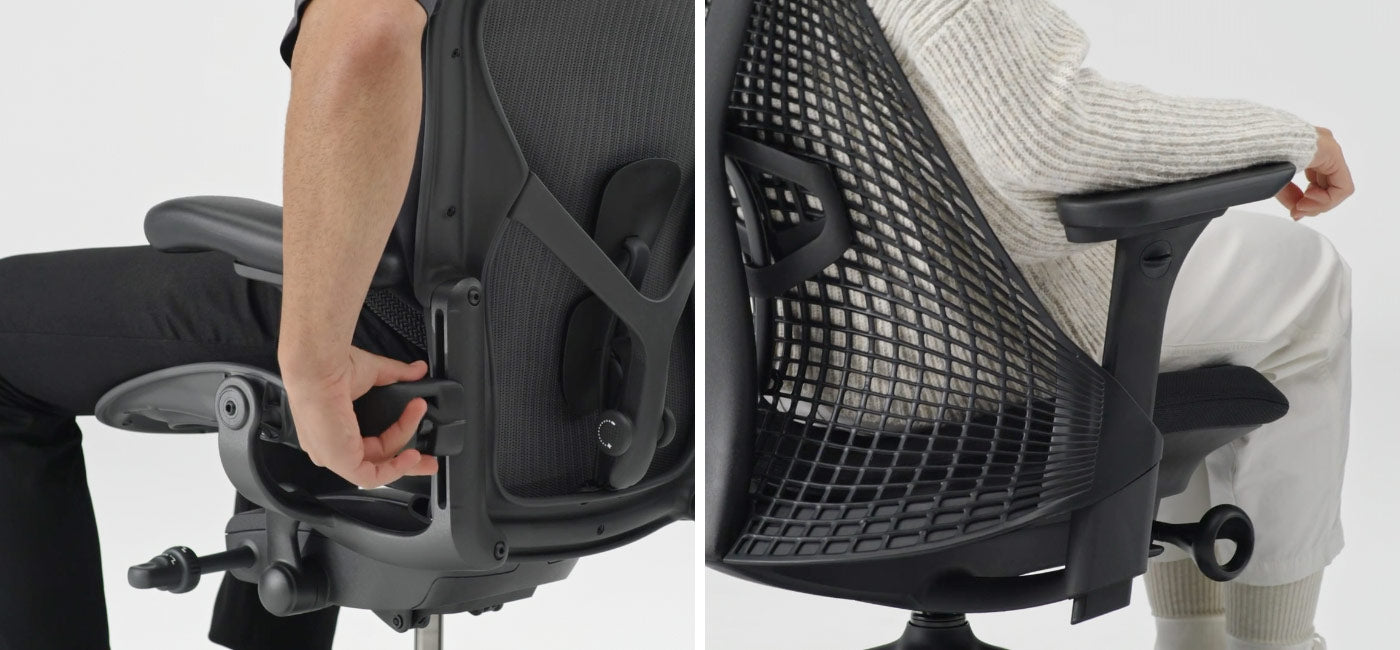 Nahaufnahme des Verstellmechanismus auf der Rückseite des Aeron-Bürostuhls, der von einem Mann benutzt wird, der auf dem Stuhl sitzt, neben einem weiteren, das den Verstellmechanismus auf der Rückseite des Sayl-Bürostuhls mit einer Person zeigt, die auf dem Stuhl sitzt