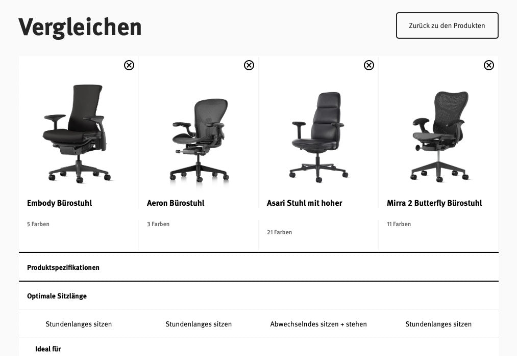 Bild mit dem Herman Miller-Vergleichstool, mit dem Sie bis zu 4 Home-Office-Stühle mit allen Spezifikationen nebeneinander betrachten können