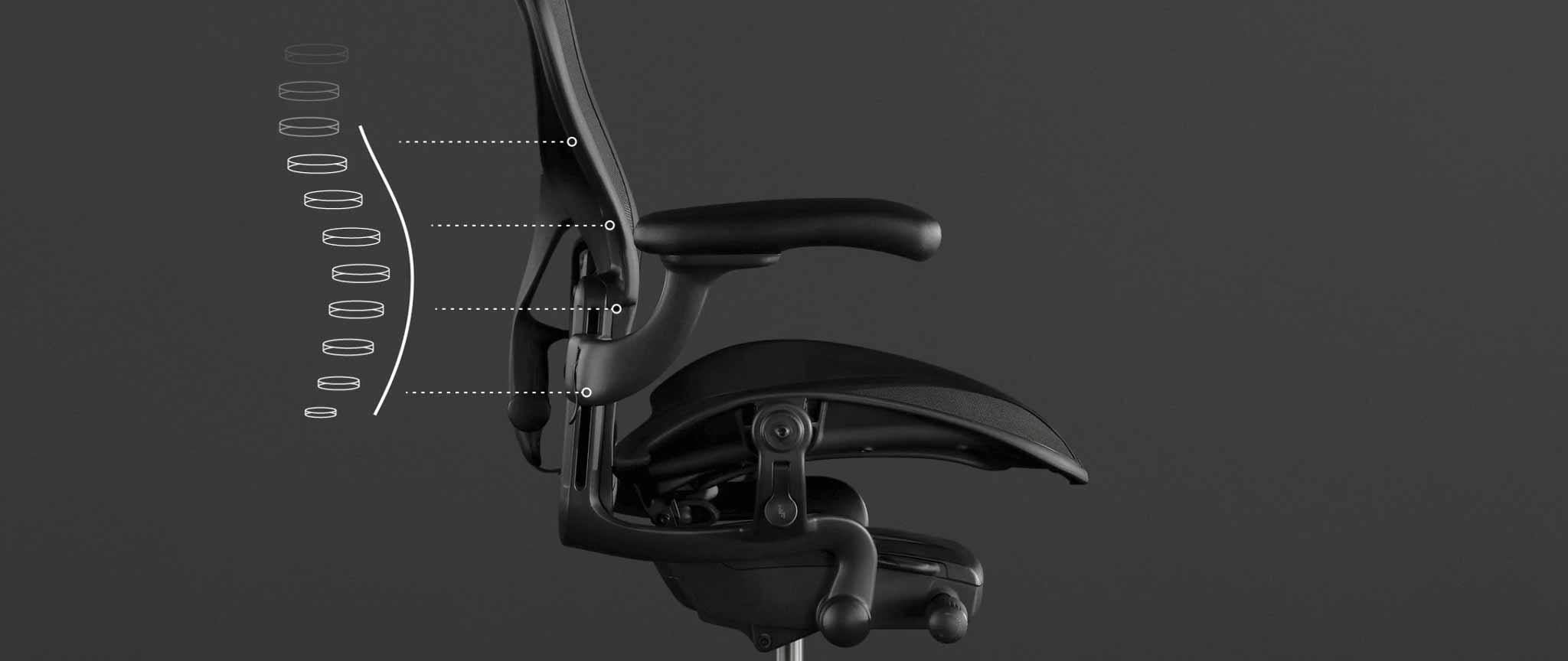 Seitenansicht eines schwarzen Aeron-Gaming-Stuhls von Herman Miller, überlagert mit weißen Grafiken, die die verstellbare Rückenlehne hervorheben.