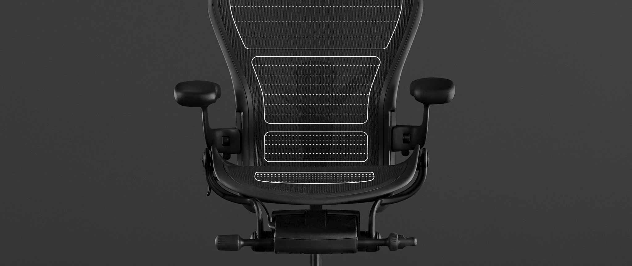 Schriftansicht eines schwarzen Aeron-Gaming-Stuhls von Herman Miller, überlagert von weißen Grafiken, die das 8Z Pillicle-Material hervorheben.