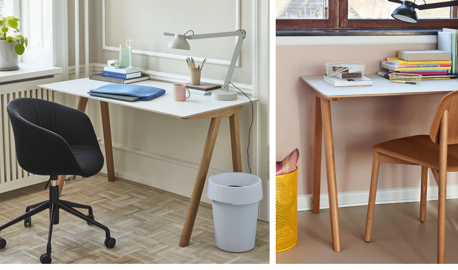 Eine Collage aus zwei Bildern, die zwei Schreibtische Copenhague 90 von HAY in Weiß und Eiche zeigen. Sie stehen in einem Heimbüro und sind mit Büchern, Ablagen und Schreibtischlampen ausgestattet.