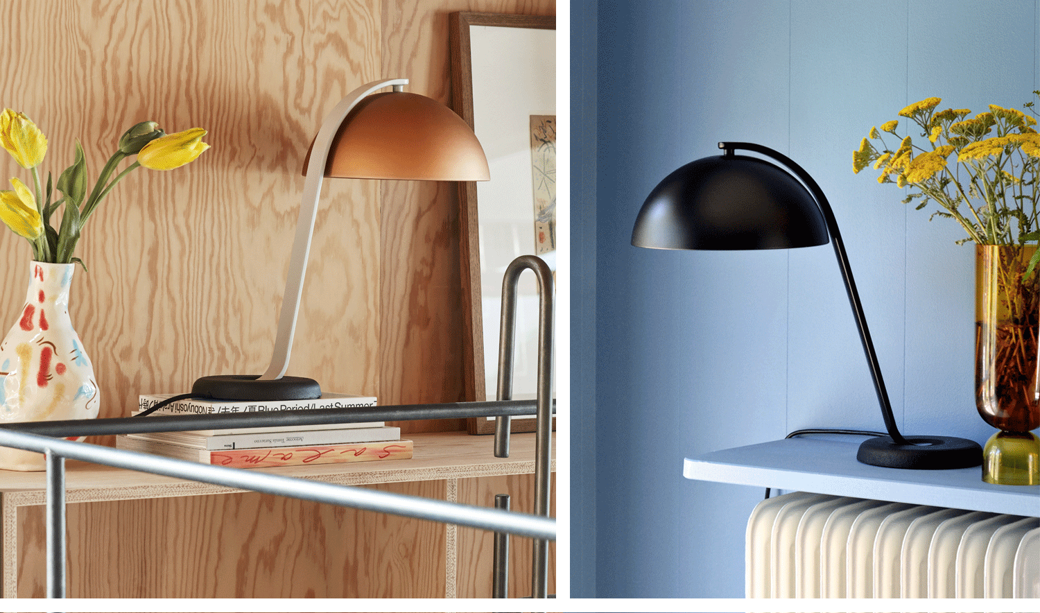 Eine Collage aus zwei Bildern, die zwei HAY Cloche Tischleuchten in Mokka und Schwarz zeigen. Beide befinden sich auf einem Regal neben einer Blumenvase.
