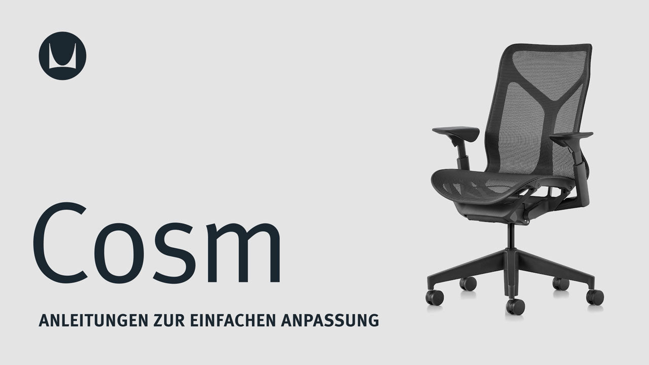 Ein Video, das die technischen Einstellmöglichkeiten eines Cosm-Bürostuhls von Herman Miller zeigt, einschließlich der Sitzhöhen- und Armverstellung.