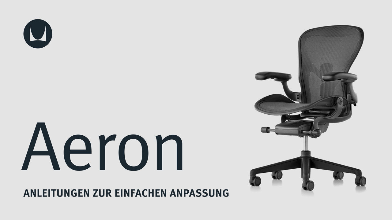 Ein Video über die technischen Einstellmöglichkeiten eines Aeron-Bürostuhls von Herman Miller, einschließlich Sitzhöhe, Neigungsbegrenzung, Rückenlehne, Armlehnenverstellung und Vorwärtsneigung.
