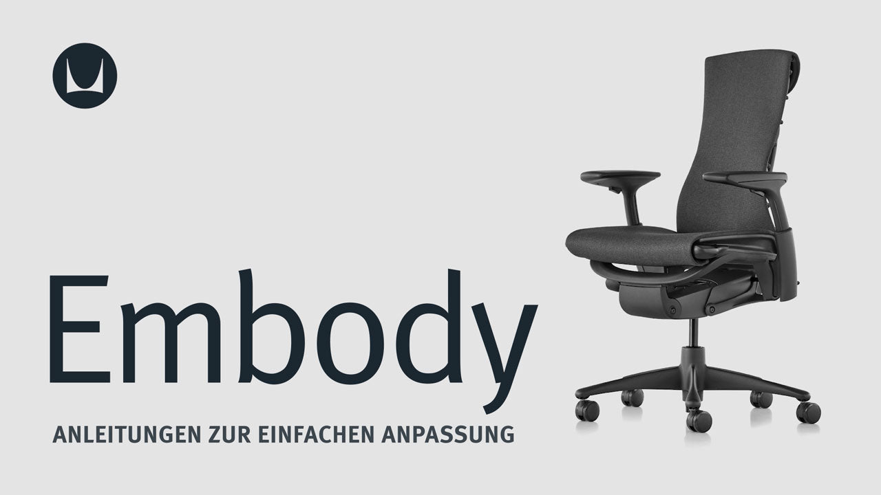 Ein Video, das die technischen Einstellmöglichkeiten eines Embody-Bürostuhls von Herman Miller zeigt, einschließlich Sitzhöhe, Sitztiefe, Neigungsspannung, Neigungsbegrenzer, Einstellung der Rückenlehne und Armlehneneinstellung.