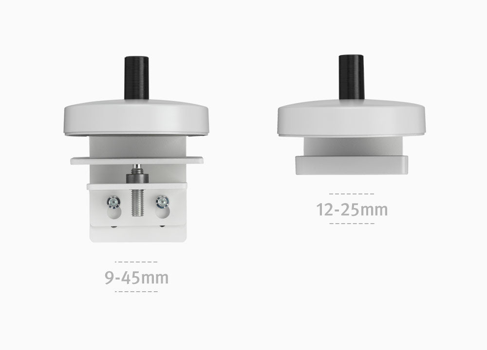 Zwei Flo X-Monitorarmklemmen, die die verschiedenen Optionen je nach Schreibtisch und Oberflächenstärke zeigen.